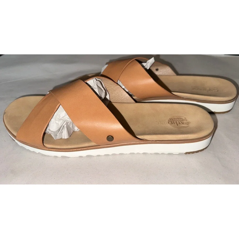 Catherine Catherine Malandrino Tan Brown Cross Strap Slide Sandals Women 9.5